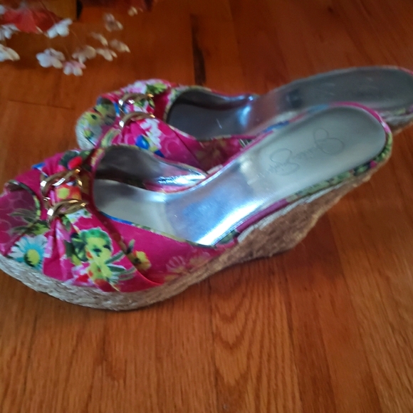 Jessica Simpson pink floral canvas peep toe 5 inch wedge sandals sz 10 - Picture 2 of 7
